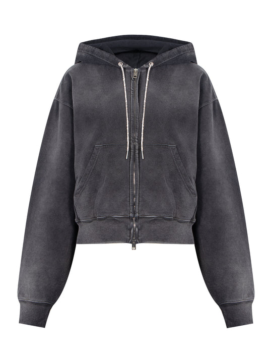 Cropped Zip-Up Hoodie with Crystal Hotfix Drawcord (Washed Caviar)