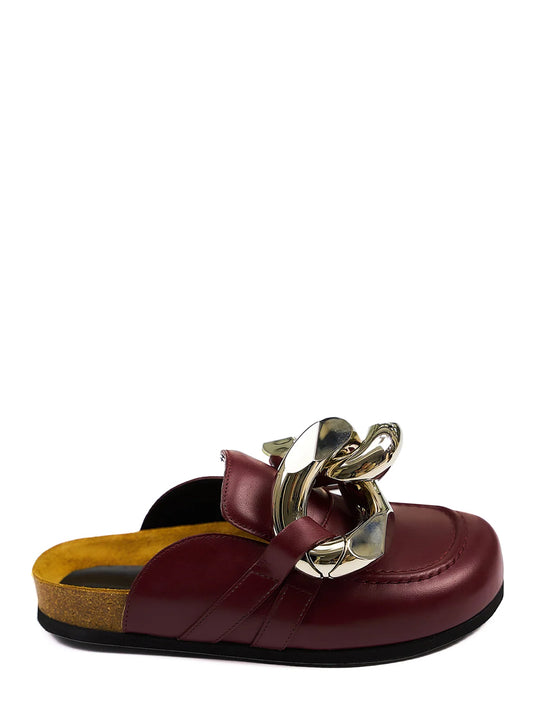 Chain Loafer Leather Mules (Dark Red)