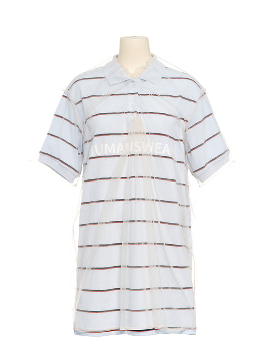 Mesh Layered Long Pique Top White Blue Stripe