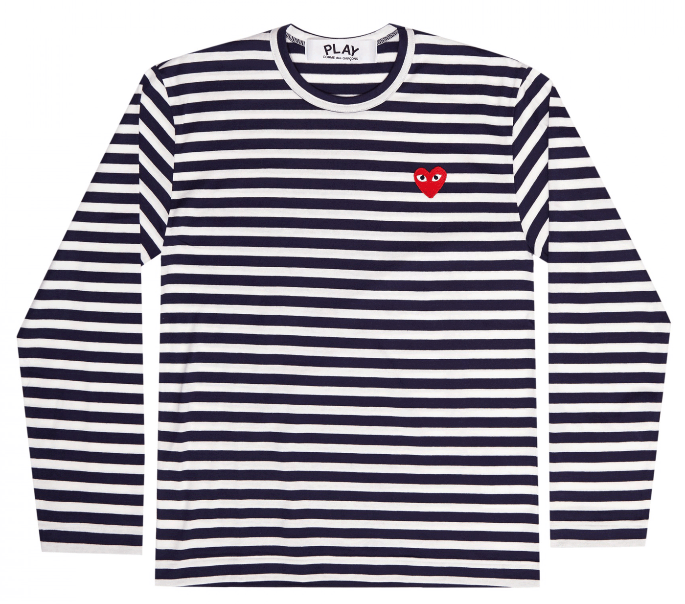 Comme-des-Garcons-Play-Striped-T-Shirt-With-Red-Emblem-Women-Dark-Blue-1