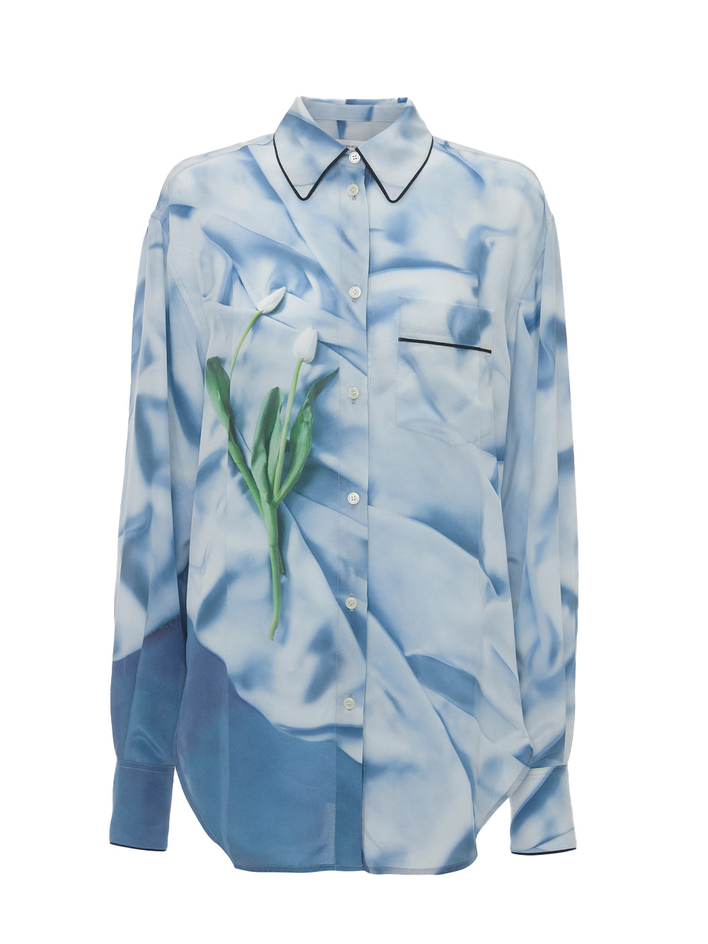 Piping Detail Pyjama Shirt Satin Flower