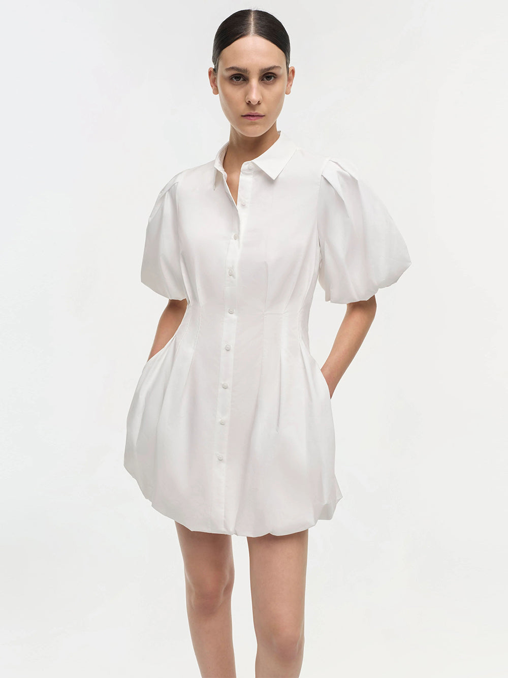 Cleo Balloon Pintuck Mini Dress White