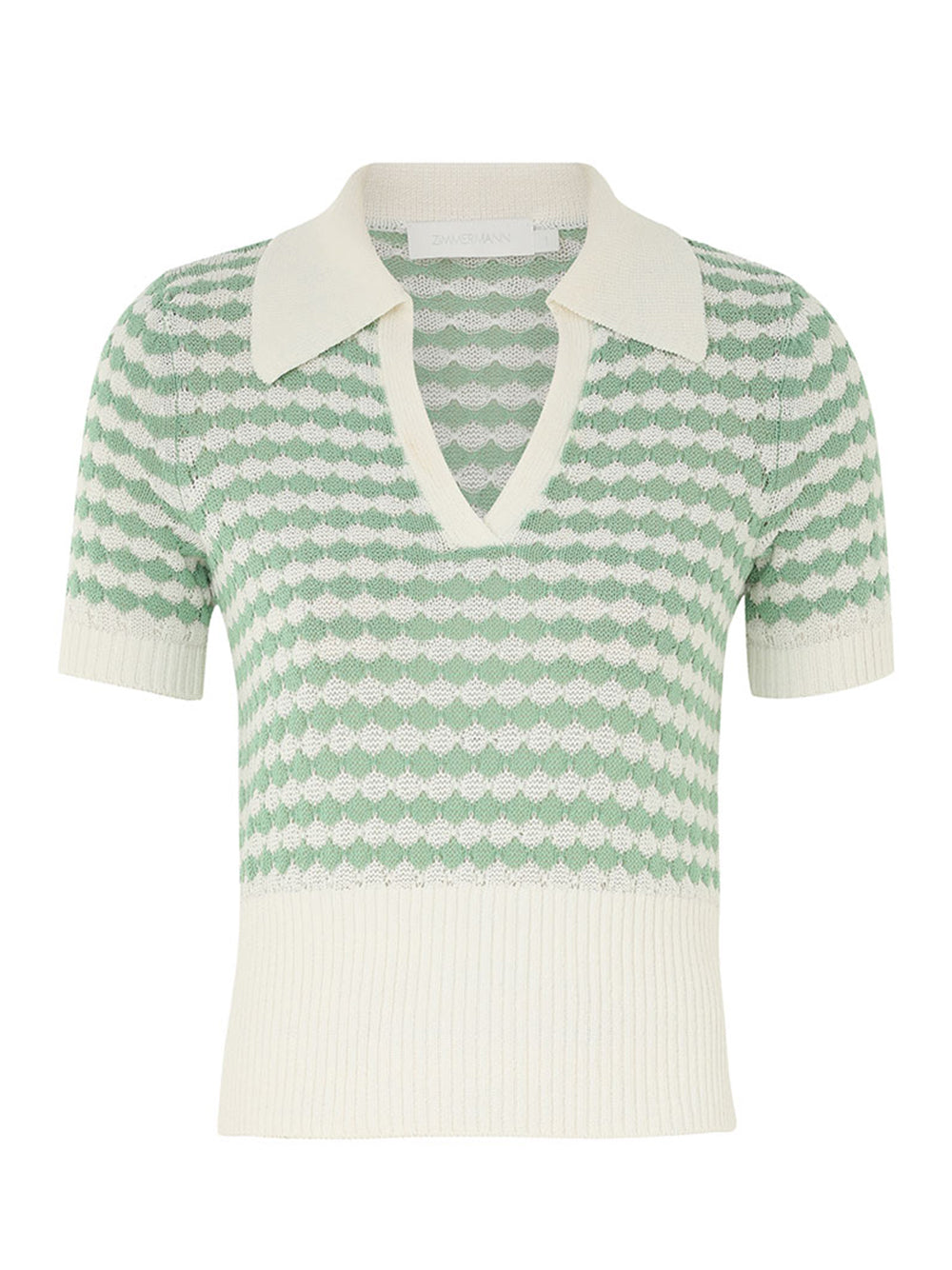 Everley Scallop Knit Polo Tee Green/Cream