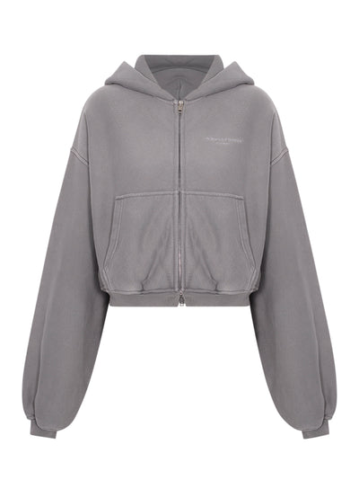 Oversized Cropped Zip-Up Hoodie Washed Cement