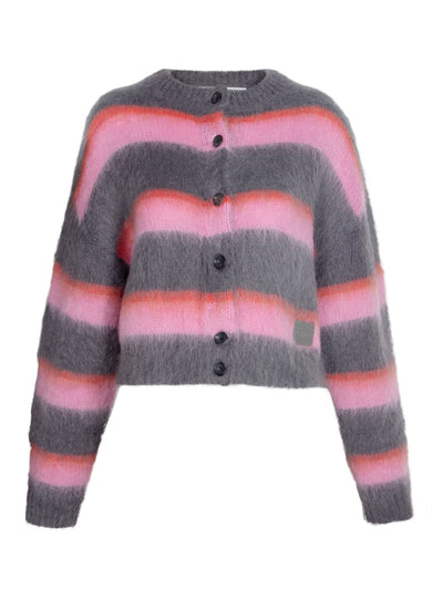 Brushed Mohair Oversized Longsleeve Cardigan W/ Logo Trim Grey Multi