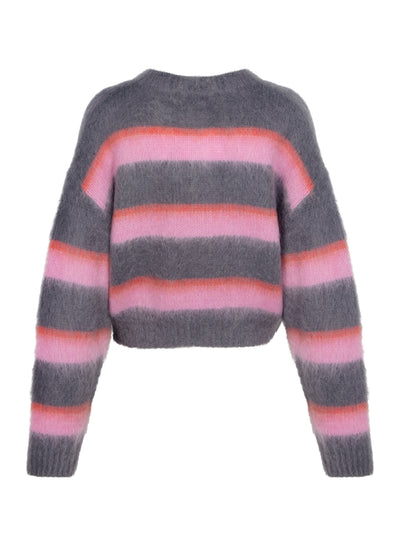 Brushed Mohair Oversized Longsleeve Cardigan W/ Logo Trim Grey Multi