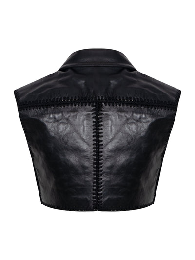 Shrunken Leather Waistcoat W/ Crochet Seam Detail Black
