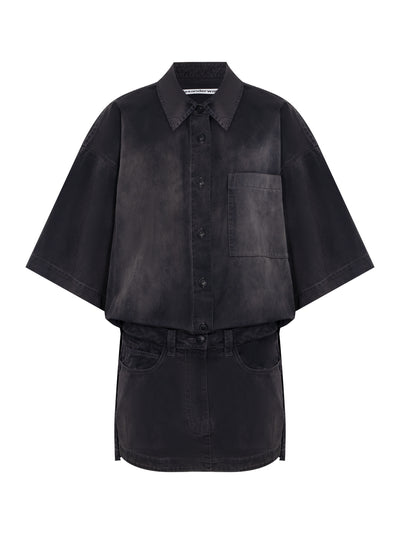 Short Sleeve Prestyled Mini Shirt Dress Washed Black Pearl