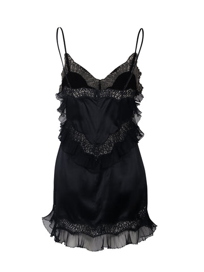 Lace Combo Slip Dress With High Hip Cutout Black