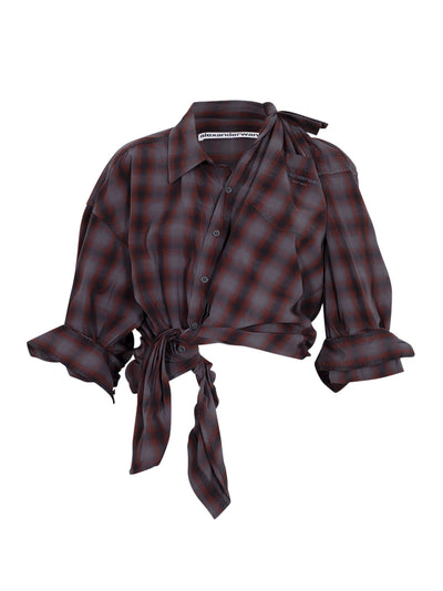 Knotted Button Down Shirt Smog Red Plaid