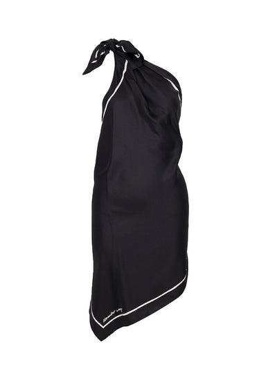 Asymmetrical Shoulder Knot Dress W/ Border Print Black/White