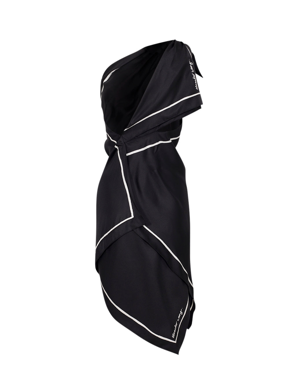 Asymmetrical Shoulder Knot Dress W/ Border Print Black/White