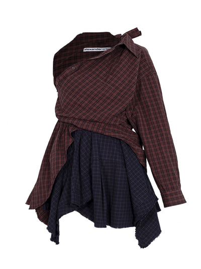 Asymmetric Deconstructed Mini Shirt Dress Smog Brick Plaid