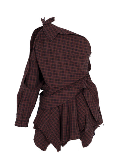 Asymmetric Deconstructed Mini Shirt Dress Smog Brick Plaid