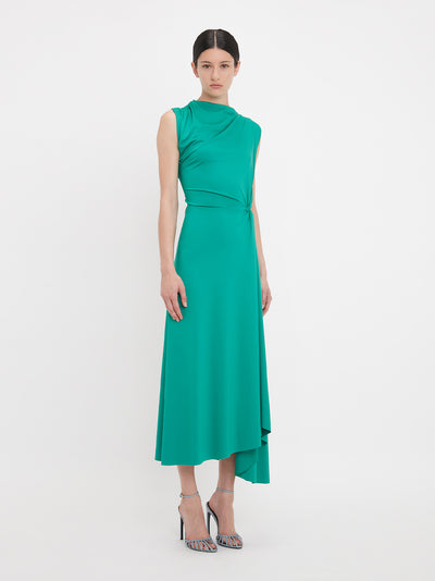 Asymmetric Drape Midi Dress Peacock