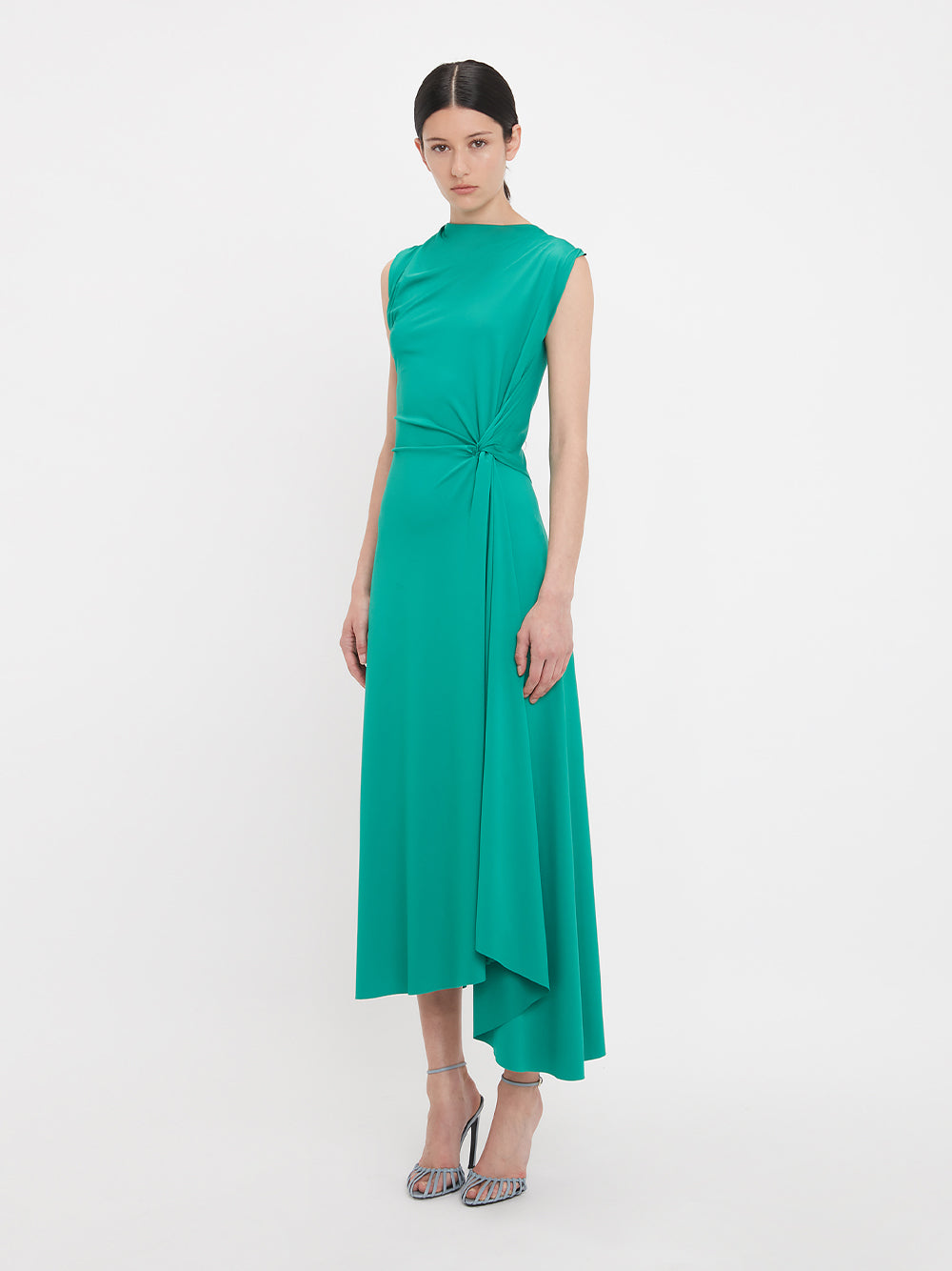 Asymmetric Drape Midi Dress Peacock