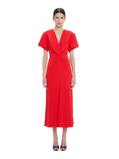 Gathered V-Neck Midi Dress Tomato