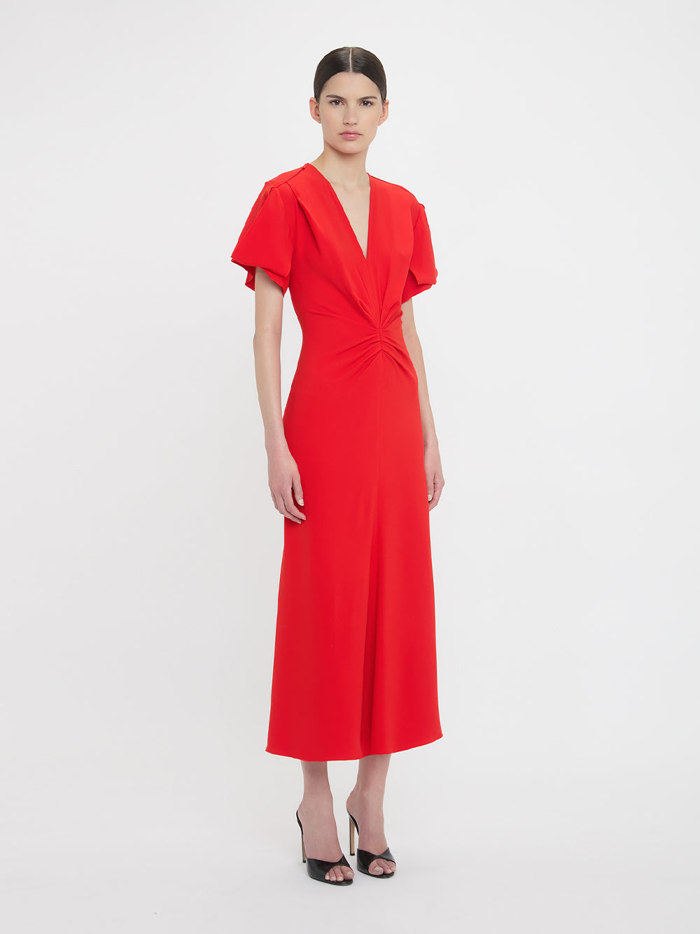 Gathered V-Neck Midi Dress Tomato