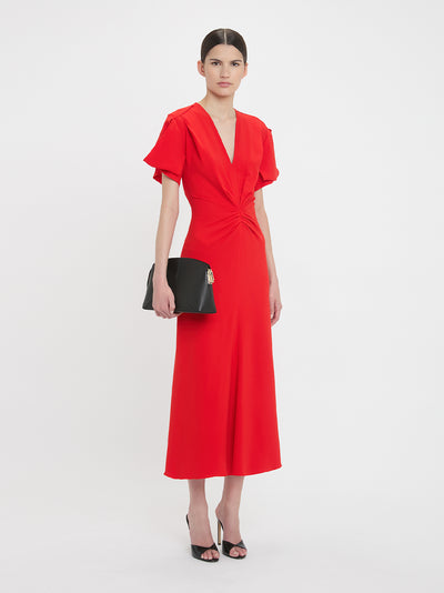 Gathered V-Neck Midi Dress Tomato