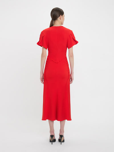 Gathered V-Neck Midi Dress Tomato