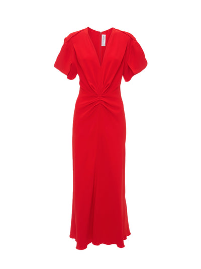 Gathered V-Neck Midi Dress Tomato