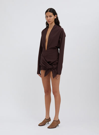 Wrapped Tie Dolman Mini Dress Mahogany