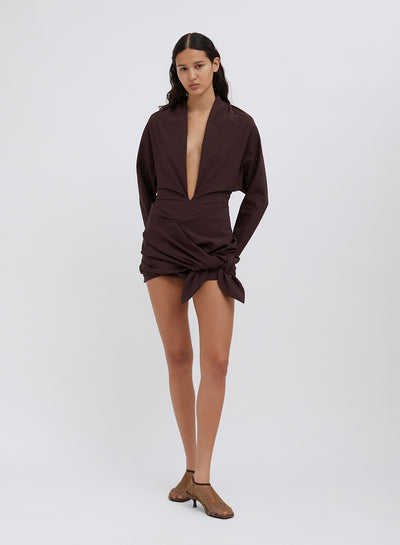 Wrapped Tie Dolman Mini Dress Mahogany