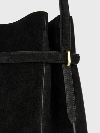 Belted Suede Bucket Bag Black