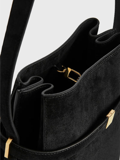 Belted Suede Bucket Bag Black