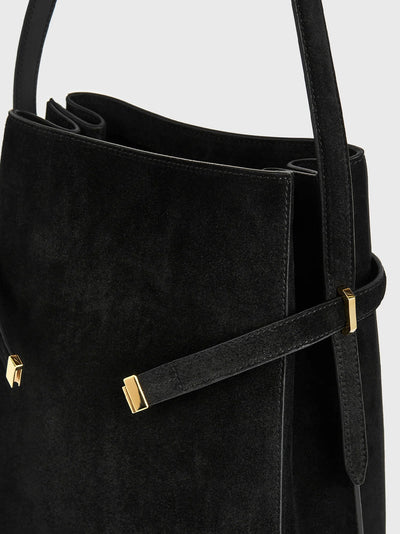 Belted Suede Bucket Bag Black