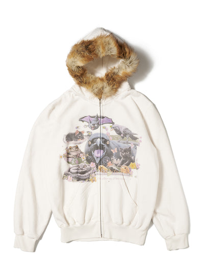 Furry Collar Zip-Up Hoodie White