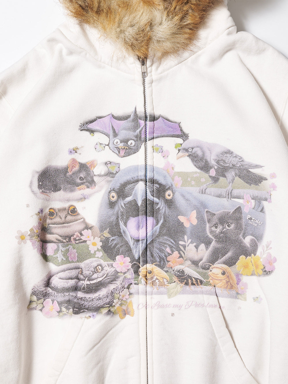 Furry Collar Zip-Up Hoodie White