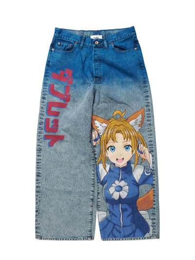 Anime Hand-Painting Denim Pants Blue