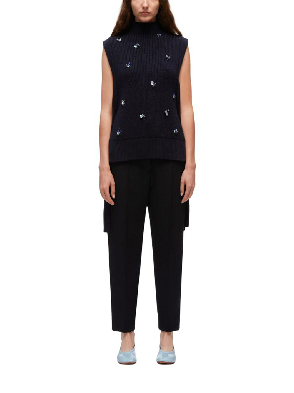 3.1 Phillip Lim-Sleeveless Sweater With Cluster Embroidery-Navy-1