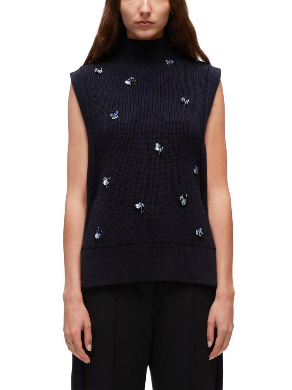 3.1 Phillip Lim-Sleeveless Sweater With Cluster Embroidery-Navy-2
