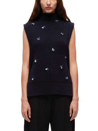 3.1 Phillip Lim-Sleeveless Sweater With Cluster Embroidery-Navy-2