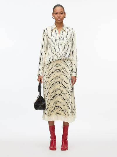 Abstract Wood Grain Crossover Drape Blouse (Ivory Multi)