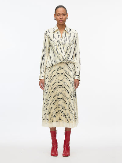 Abstract Wood Grain Crossover Drape Blouse (Ivory Multi)