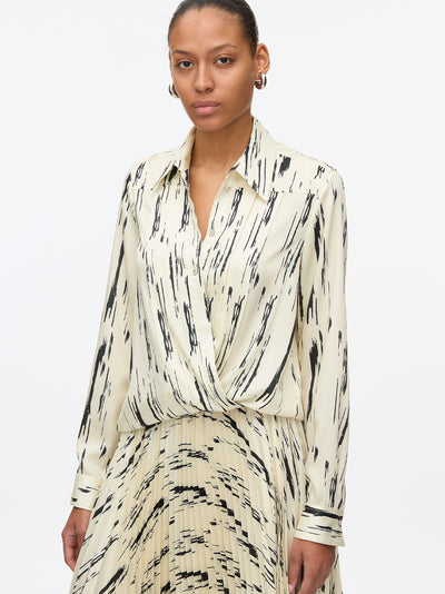 Abstract Wood Grain Crossover Drape Blouse (Ivory Multi)