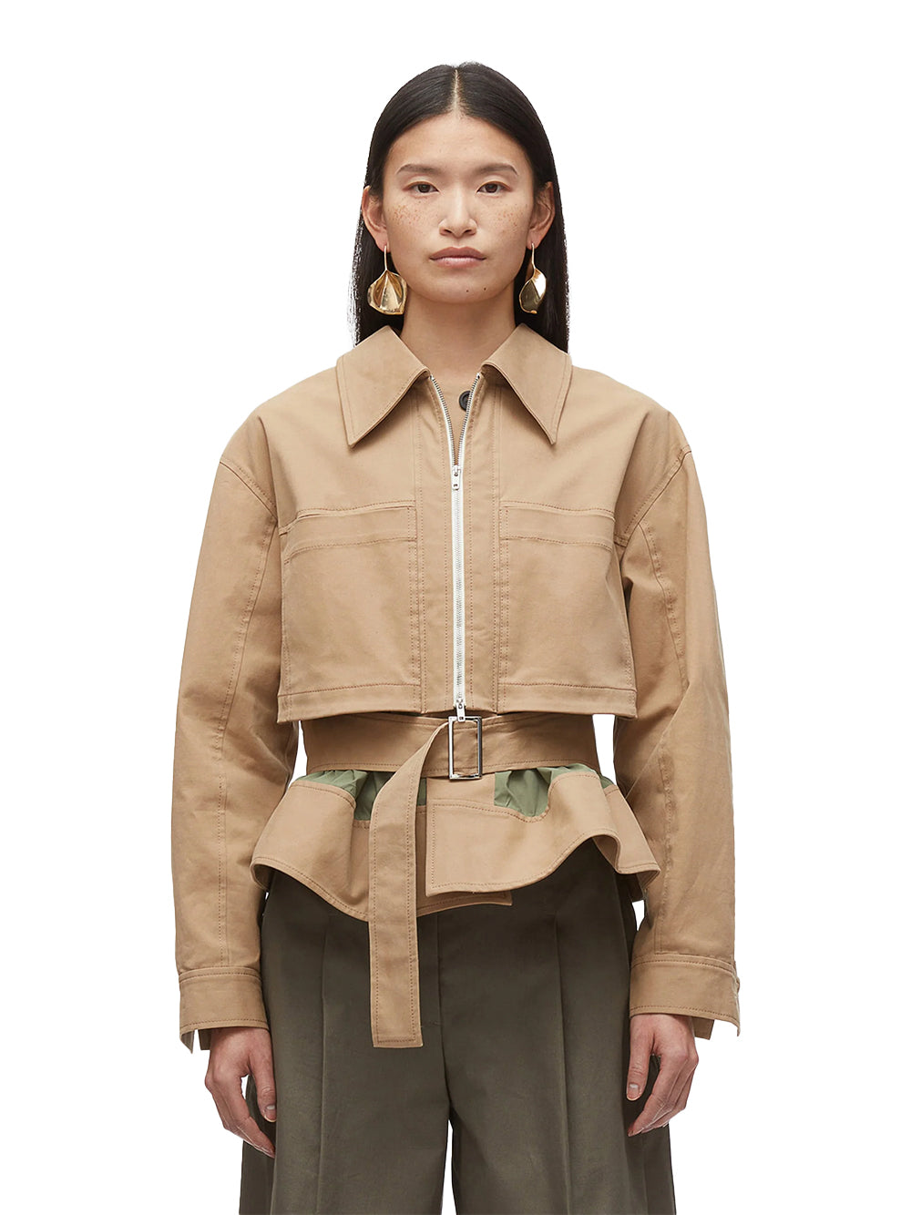 Belted Flounce Utility Jacket (Khaki-Army)
