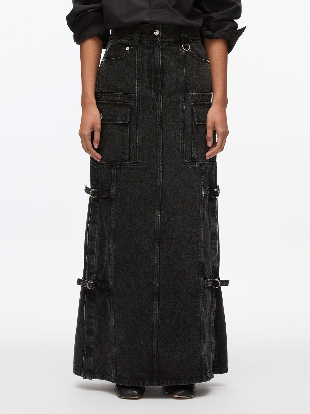 Denim Cargo Maxi Skirt (Washed Black)