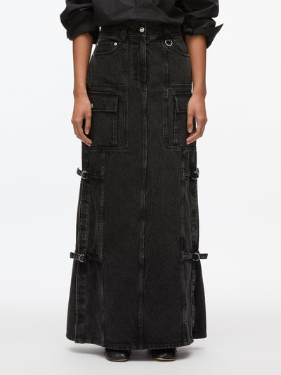 Denim Cargo Maxi Skirt (Washed Black)