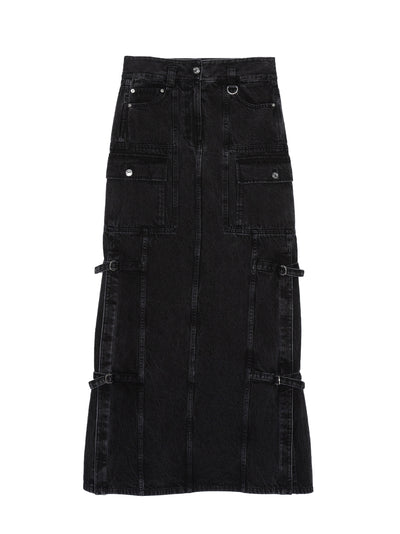 Denim Cargo Maxi Skirt (Washed Black)