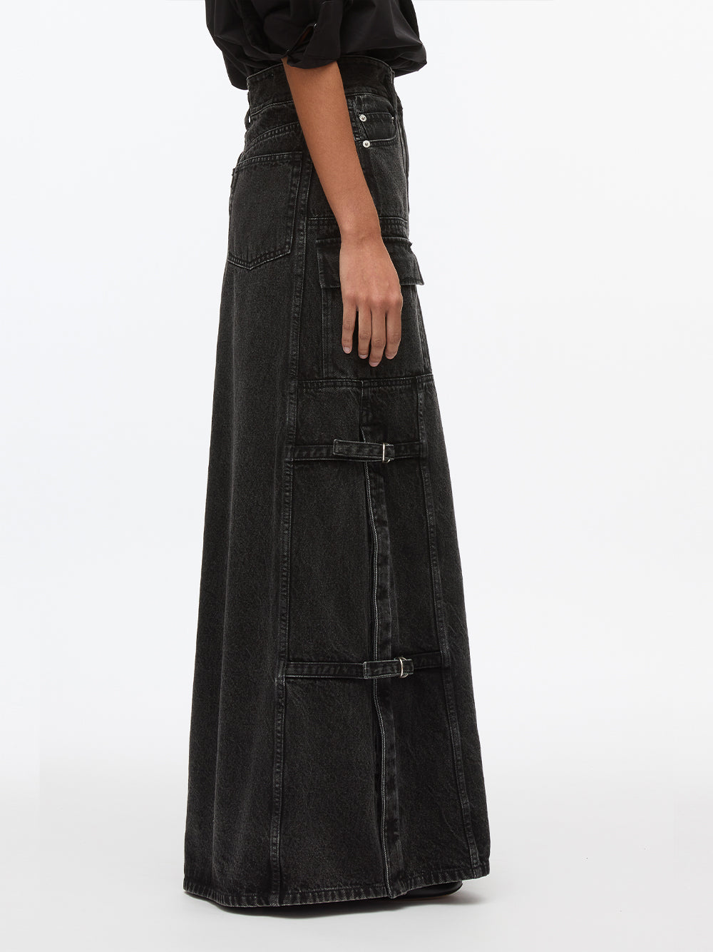 Denim Cargo Maxi Skirt (Washed Black)