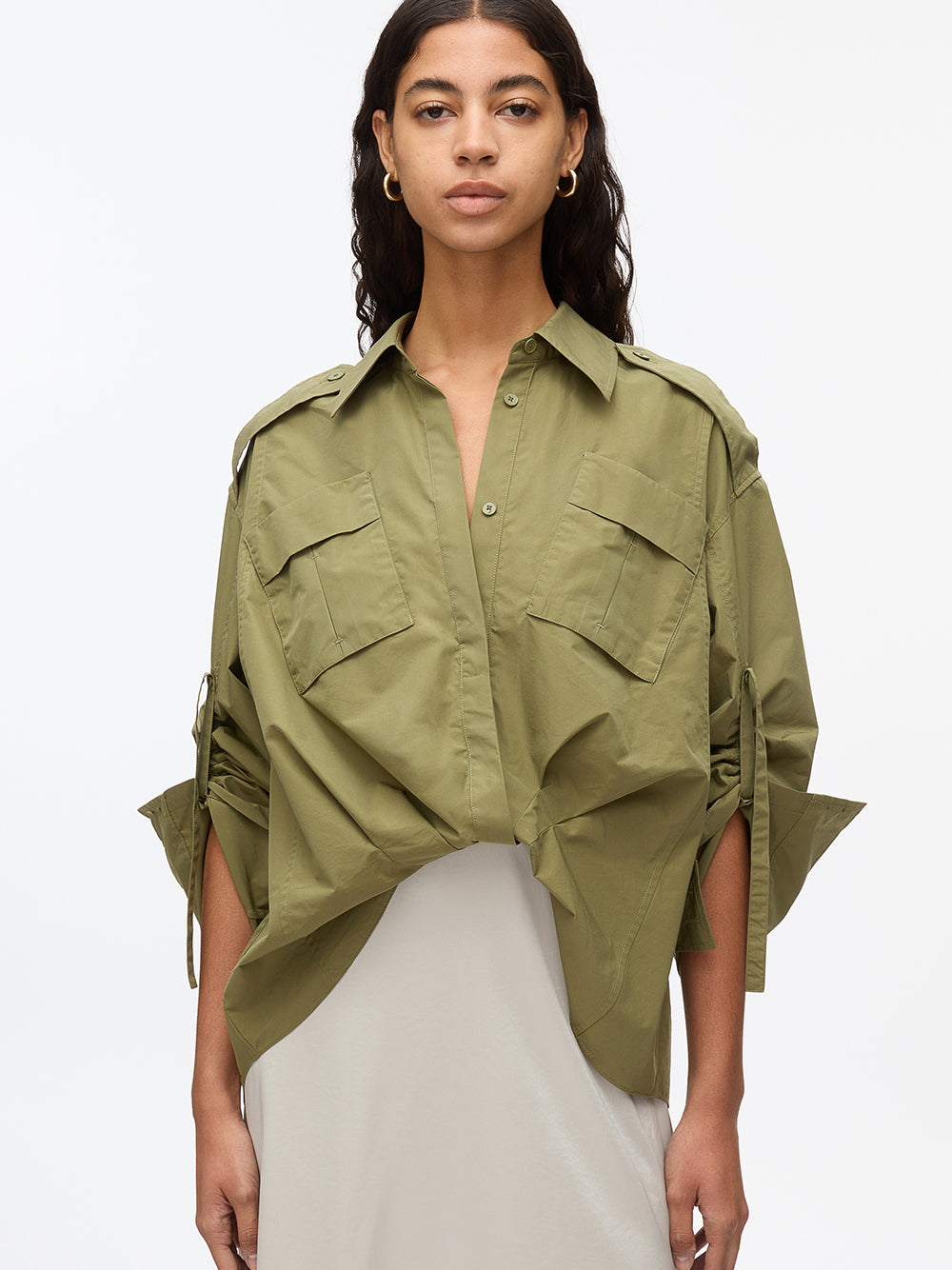 Draped Shirt Combo Slip Dress (Olive)