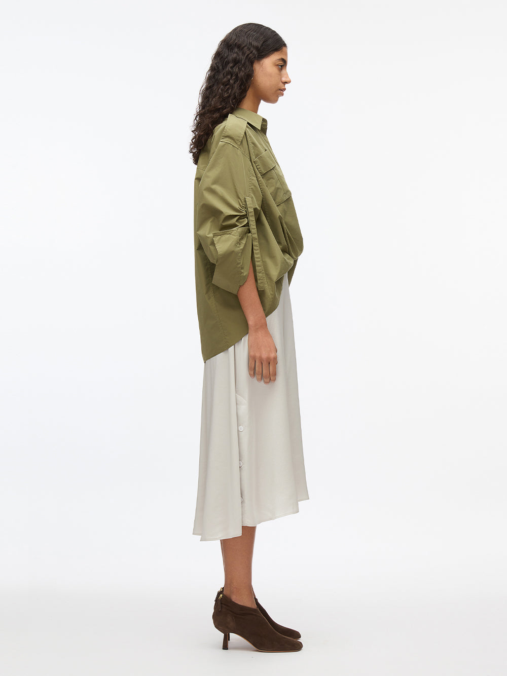 Draped Shirt Combo Slip Dress (Olive)