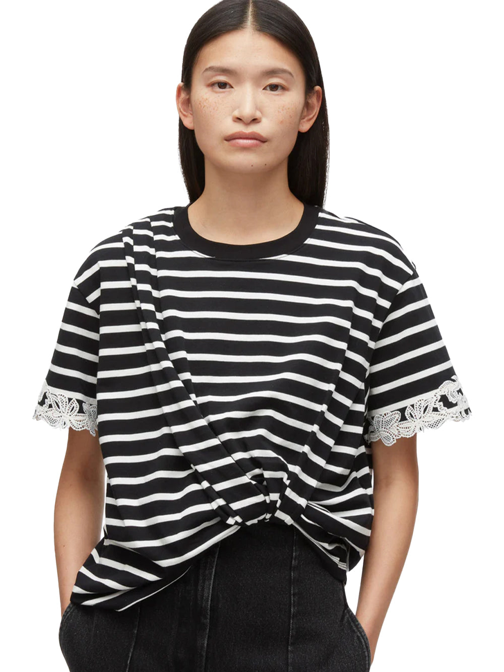 Draped Tee with Lace Embroidery (BLK Multi Striped)