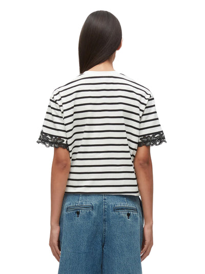 Draped Tee with Lace Embroidery (White Multi Striped)