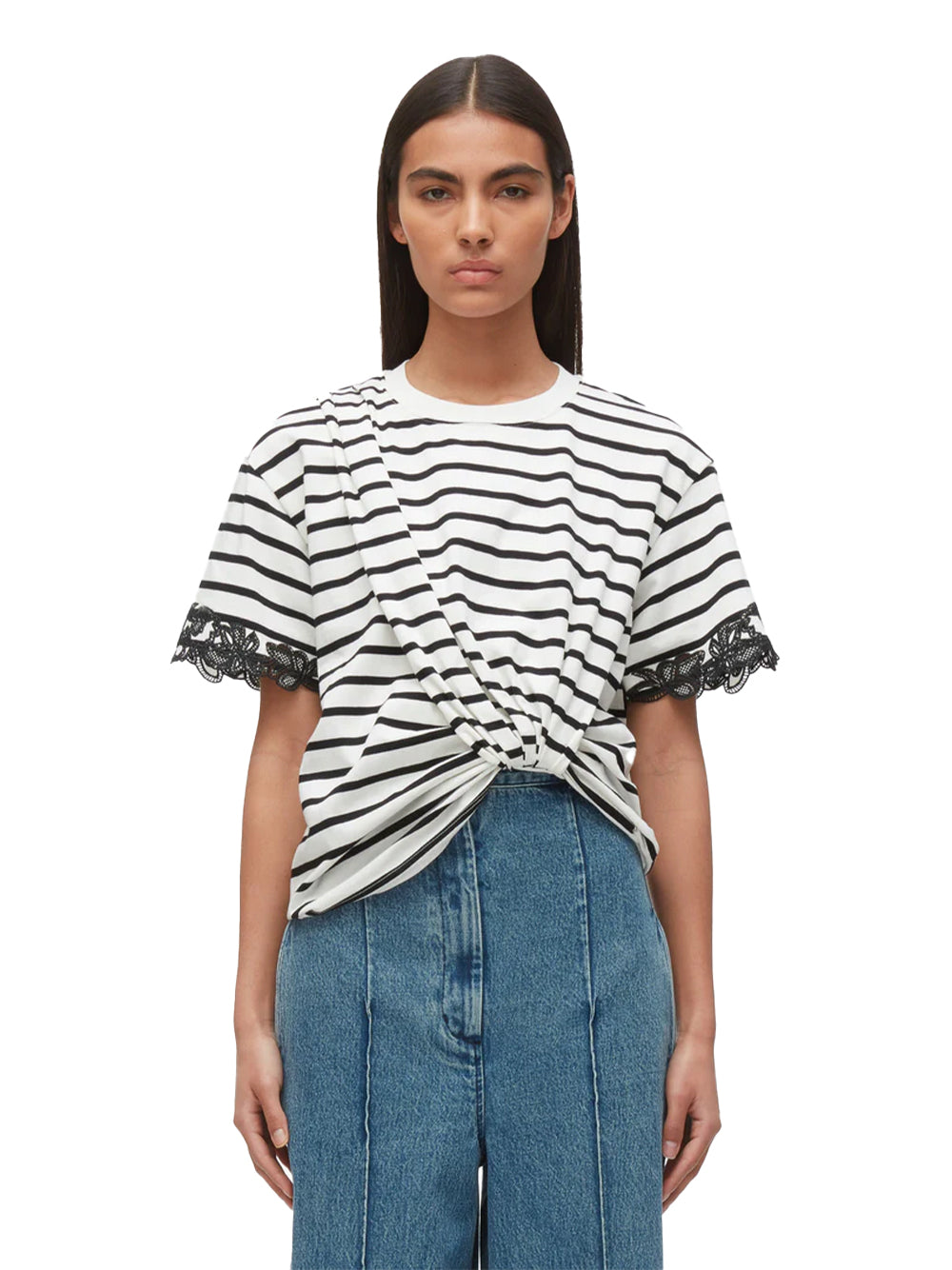 Draped Tee with Lace Embroidery (White Multi Striped)