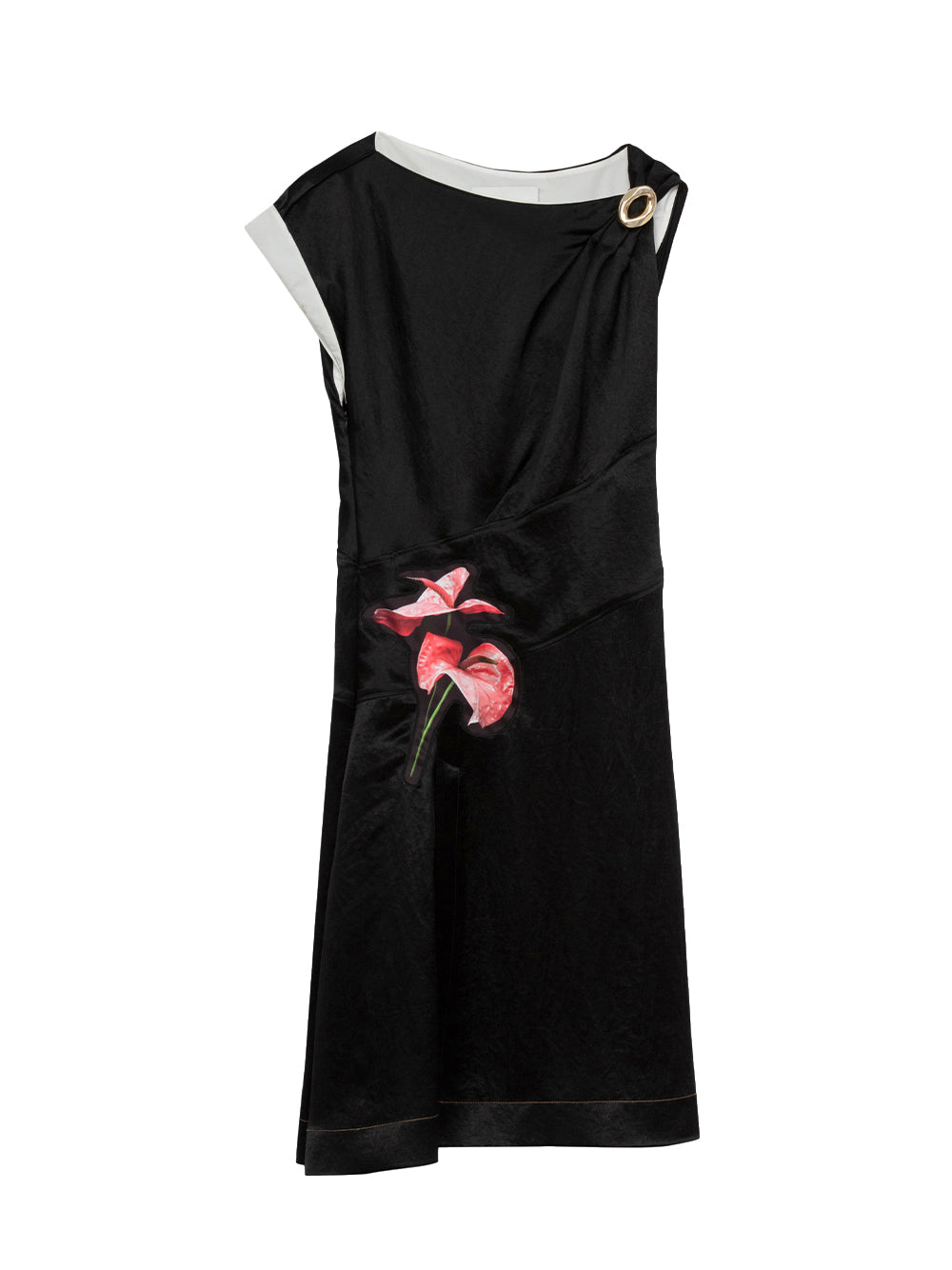 Floral Bouquet Appliqué Draped Twist Dress (Black Multi)